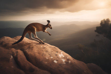 Kangaroo on a cliff in the mountains. 3d renderの素材