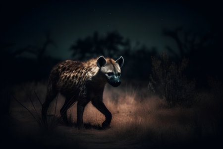 Spotted hyena walking in the savanna at night with full moonの素材