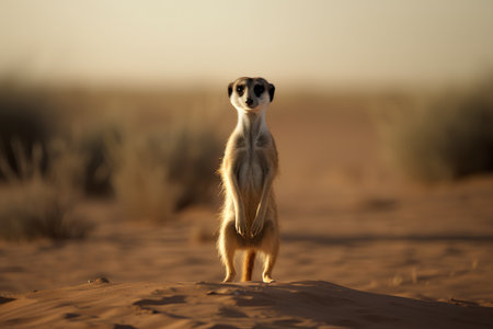 Meerkat standing on the sand in the desert and looking aheadの素材