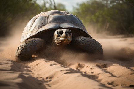 African spurred tortoise (Aldabrachelys gigantea) in the sandの素材