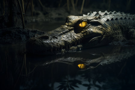 Crocodile in the dark with reflection in the water.の素材