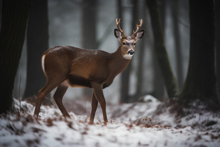 Whitetail deer buck standing in winter forest during snowfall.の素材