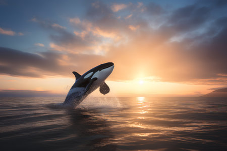 3D render of a killer whale jumping out of the ocean at sunsetの素材