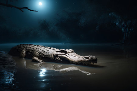 Crocodile in the swamp at night. 3D renderingの素材