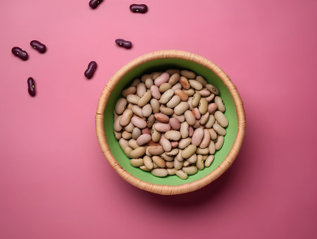 Pinto beans in a bowl on a pink background. Top viewの素材