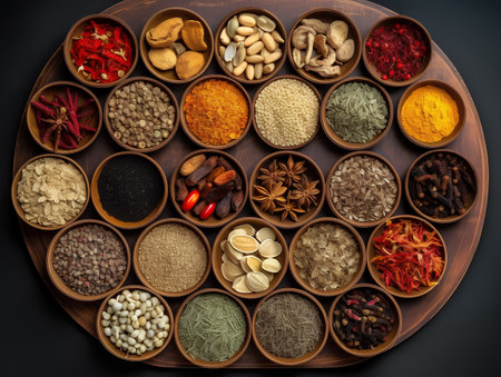 Various spices and herbs in wooden bowls on black background, top viewの素材