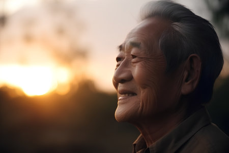 Portrait of happy senior asian woman smiling and looking at sunsetの素材