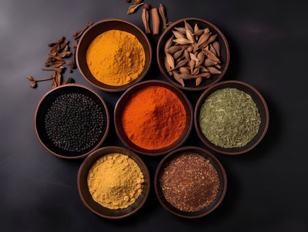 Variety of spices in bowls on black background. Top view.の素材