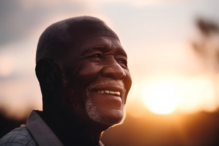 Portrait of a senior African man smiling at the camera at sunsetの素材