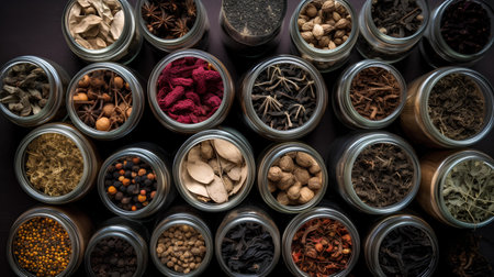 Variety of spices and herbs in mason jars over dark background, top viewの素材