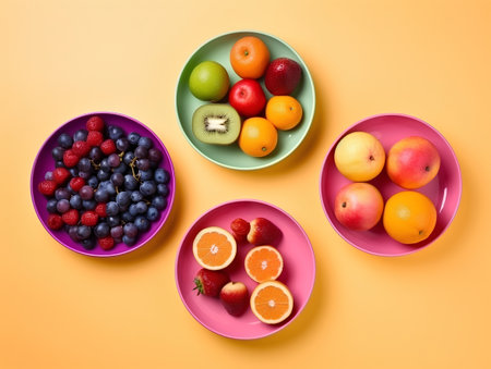Fruits and berries in plates on orange background. Flat lay.の素材