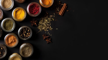 Spices and herbs on black background. Top view with copy spaceの素材