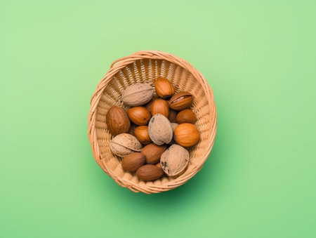 Nuts in a wicker basket on a green background with copy spaceの素材
