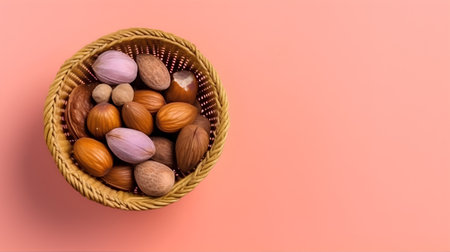 Assorted nuts in a wicker basket on a pink background.の素材