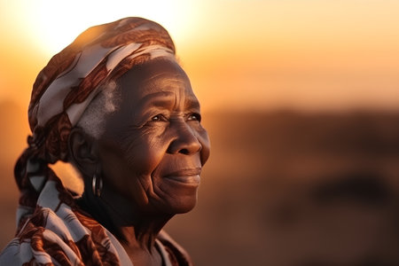 Portrait of an elderly African woman in traditional clothes. Shallow depth of field.の素材