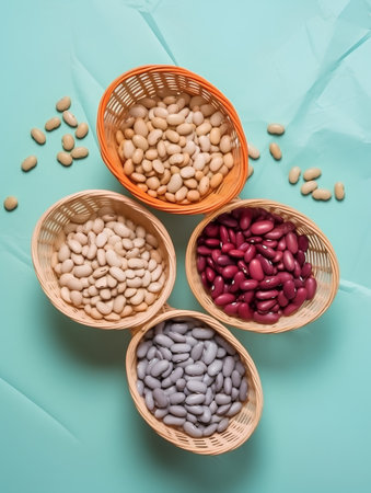 various types of beans in a basket on a turquoise backgroundの素材