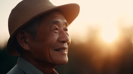 Portrait of senior asian man wearing hat and looking at sunsetの素材