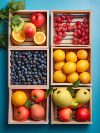 Fruits and berries in wooden boxes on blue background, top viewの素材