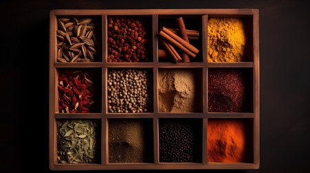 Variety of spices in wooden box on dark background. Top view.の素材