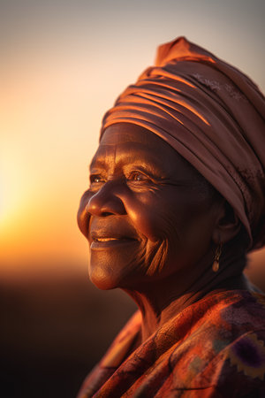 Portrait of an elderly African woman wearing a headscarf.の素材