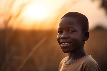 Young african boy smiling and looking at the camera at sunset.の素材