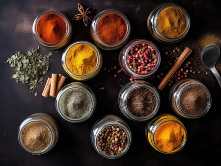 Spices and herbs in glass jars on dark background. Top viewの素材