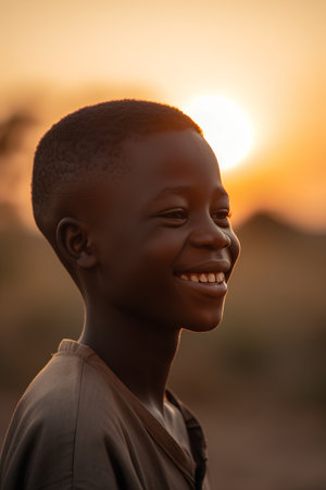 Portrait of a young African boy smiling at the camera at sunset.の素材