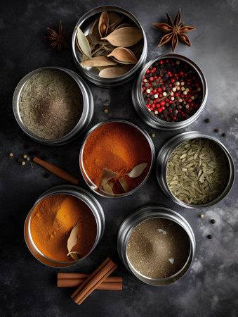 Spices and herbs in glass bowls on dark background, top viewの素材