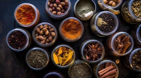 Spices and herbs in glass jars on dark background, top viewの素材