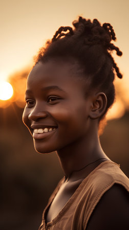 Portrait of a beautiful young african american woman at sunset.の素材