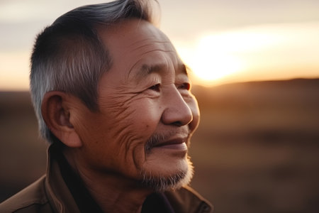 Portrait of an old asian man in the sunset background.の素材