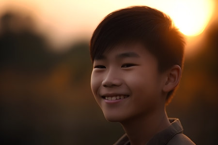 portrait of young asian woman smiling at sunset in the parkの素材