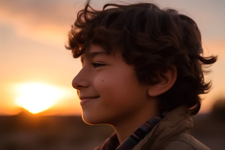 portrait of a boy on a sunset background, close-upの素材