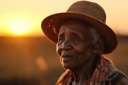 Portrait of an elderly African woman in a hat at sunset.の素材
