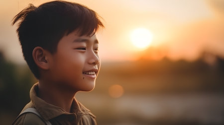 Portrait of asian boy looking at sunset in the park.の素材