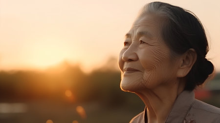 Portrait of a happy senior asian woman looking at the sunsetの素材