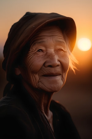 Old asian woman wearing a hat and smiling at the sunset.の素材