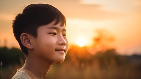 Portrait of young asian boy with beautiful sunset background, outdoorの素材