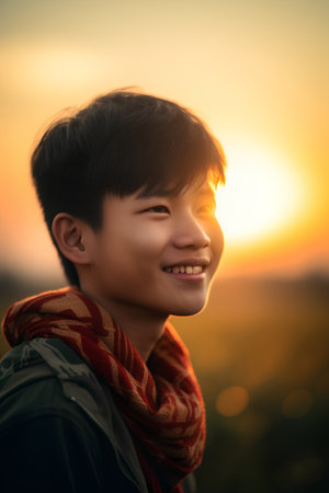Portrait of a young Asian boy smiling and standing on the field at sunset.の素材