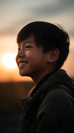 Portrait of a young asian boy smiling and looking at the sunsetの素材