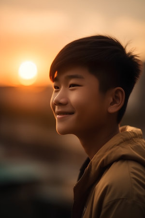 Portrait of a young asian man smiling at the sunset.の素材
