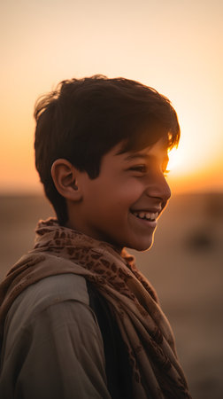 Portrait of a boy with a scarf on the beach at sunsetの素材