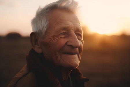 Portrait of an elderly man in the field at sunset. Selective focus.の素材