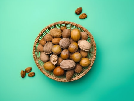 Mix of nuts in a basket on a green background, top viewの素材