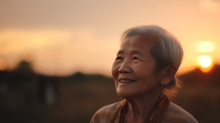 Portrait of asian senior woman smiling at sunset in countryside.の素材