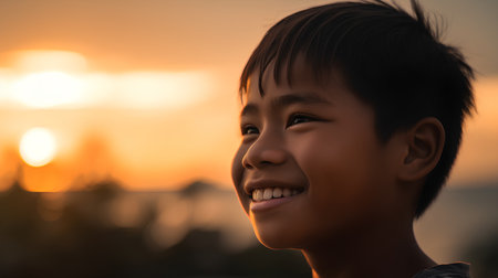 Portrait of asian boy smiling and looking at camera at sunsetの素材