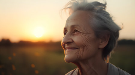 Portrait of happy senior woman at sunset. Beautiful elderly woman outdoor.の素材