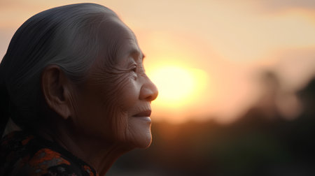 Portrait of an elderly woman on the background of the setting sunの素材