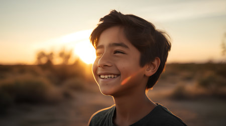 Portrait of a smiling young boy in the desert at sunset.の素材