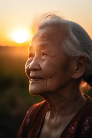 Portrait of asian senior woman looking at sunset in the gardenの素材